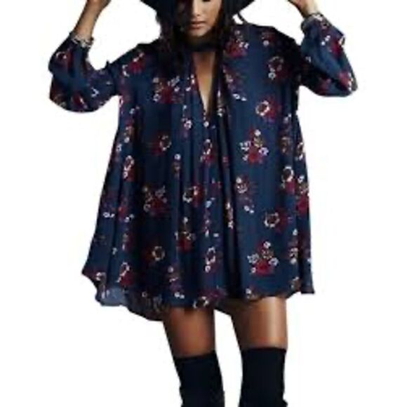 Free People Green Jade Retro Floral Swing Tunic Mini Dress Size Small - Picture 1 of 9